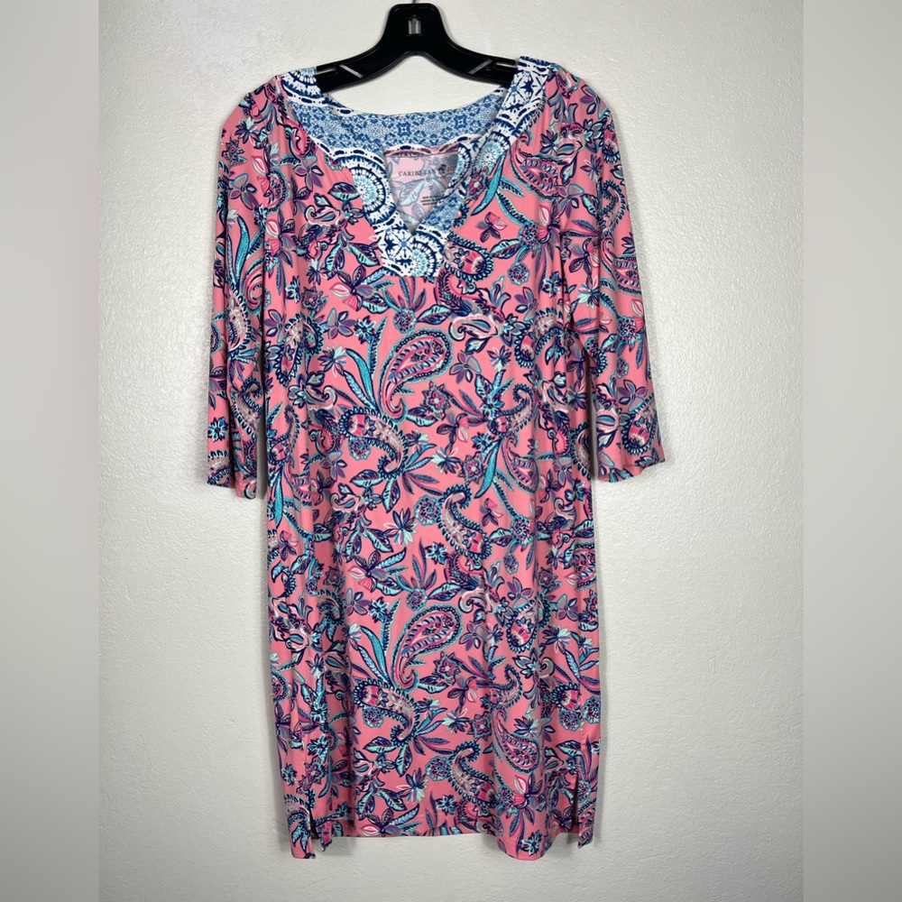 Caribbean Joe 3/4 sleeve UPF 50+ sun dress/ cover up pink blue paisley